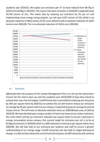 43
academic year 2014/15. We expect our emissions per m2
to have reduced from 98.7kg in
2012/13 to 83.8kg in 2019/20. This means that total emissions in 2019/20 is expected to be
33,746 tonnes of CO2. This shows that by reducing our emissions by 3% per m2
and
implementing many energy saving projects, we will save 6,071 tonnes of CO2 which is an
absolute reduction of 4042 tonnes of CO2 since 2012/13 and an absolute reduction of 3,827
tonnes since 2005/06. This is an absolute reduction of 10.6% since 2005/06.
xx. Summary
Effectively then the purpose of this Carbon Management Plan is to set out the University’s
mission for the next 6 years up until the academic year 2019/2020 of how they intend to
achieve their own internal targets. Cardiff University is committed to reducing our emissions
by 20% per square metre by 2020 but to achieve this we will need to reduce our emissions
on average by 3% per square metre as our campus is expected to grow on average by around
1% per annum. This will mean an absolute reduction since our 2005/06 base year, of 10% by
2019/20. We have decided upon using a number of metrics to measure our carbon reduction.
Our main metric will be our emissions reduction per square metre to ensure a decrease in
energy consumption across campus. Our current target for emissions per m2 is to be at
83.8kg of emissions in 2019/20 which is a 20% reduction in emissions per square metre since
2005/06. We will also look at our emissions per students and staff to ensure a greater
understanding of our energy usage. Cardiff University will also look to target behavioural
change. In order to help reduce the current level of emissions, Cardiff University will continue
0
2500
5000
7500
10000
12500
15000
17500
20000
22500
25000
27500
30000
32500
35000
37500
40000
42500
2012/13 2013/14 2014/15 2015/16 2016/17 2017/18 2018/19 2019/20
Business as
Usual
0.75%
increase in
emissions
(tonnes)
total
emissions
with 3%
reduction
per m2 per
annum
(tonnes)
 