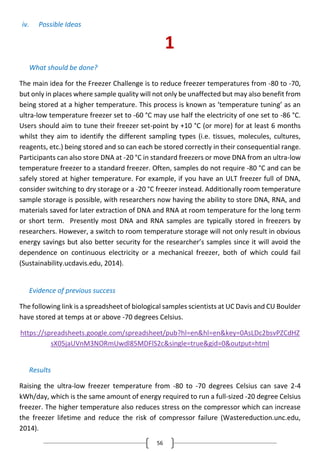 56
iv. Possible Ideas
1
What should be done?
The main idea for the Freezer Challenge is to reduce freezer temperatures from -80 to -70,
but only in places where sample quality will not only be unaffected but may also benefit from
being stored at a higher temperature. This process is known as ‘temperature tuning’ as an
ultra-low temperature freezer set to -60 °C may use half the electricity of one set to -86 °C.
Users should aim to tune their freezer set-point by +10 °C (or more) for at least 6 months
whilst they aim to identify the different sampling types (i.e. tissues, molecules, cultures,
reagents, etc.) being stored and so can each be stored correctly in their consequential range.
Participants can also store DNA at -20 °C in standard freezers or move DNA from an ultra-low
temperature freezer to a standard freezer. Often, samples do not require -80 °C and can be
safely stored at higher temperature. For example, if you have an ULT freezer full of DNA,
consider switching to dry storage or a -20 °C freezer instead. Additionally room temperature
sample storage is possible, with researchers now having the ability to store DNA, RNA, and
materials saved for later extraction of DNA and RNA at room temperature for the long term
or short term. Presently most DNA and RNA samples are typically stored in freezers by
researchers. However, a switch to room temperature storage will not only result in obvious
energy savings but also better security for the researcher’s samples since it will avoid the
dependence on continuous electricity or a mechanical freezer, both of which could fail
(Sustainability.ucdavis.edu, 2014).
Evidence of previous success
The following link is a spreadsheet of biological samples scientists at UC Davis and CU Boulder
have stored at temps at or above -70 degrees Celsius.
https://spreadsheets.google.com/spreadsheet/pub?hl=en&hl=en&key=0AsLDc2bsvPZCdHZ
sX05jaUVnM3NORmUwdl85MDFlS2c&single=true&gid=0&output=html
Results
Raising the ultra-low freezer temperature from -80 to -70 degrees Celsius can save 2-4
kWh/day, which is the same amount of energy required to run a full-sized -20 degree Celsius
freezer. The higher temperature also reduces stress on the compressor which can increase
the freezer lifetime and reduce the risk of compressor failure (Wastereduction.unc.edu,
2014).
 