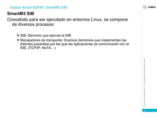 SmartM3 SIB Concebido para ser ejecutado en entornos Linux, se compone de diversos procesos: SIB: Demonio que ejecuta el SIB Manejadores de transporte: Diversos demonios que implementan las distintas pasarelas por las que las aplicaciones se comunicarán con el SIB, (TCP/IP, NoTA…) Estado Actual SOFIA / SmartM3 SIB 
