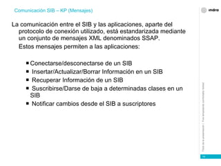 La comunicación entre el SIB y las aplicaciones, aparte del protocolo de conexión utilizado, está estandarizada mediante un conjunto de mensajes XML denominados SSAP. Estos mensajes permiten a las aplicaciones: Conectarse/desconectarse de un SIB Insertar/Actualizar/Borrar Información en un SIB Recuperar Información de un SIB Suscribirse/Darse de baja a determinadas clases en un SIB Notificar cambios desde el SIB a suscriptores Comunicación SIB – KP (Mensajes) 
