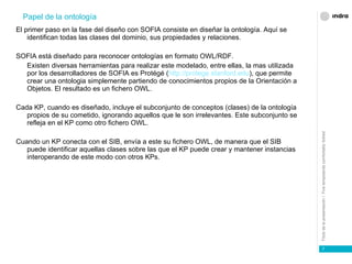 El primer paso en la fase del diseño con SOFIA consiste en diseñar la ontología. Aquí se identifican todas las clases del dominio, sus propiedades y relaciones. SOFIA está diseñado para reconocer ontologías en formato OWL/RDF.  Existen diversas herramientas para realizar este modelado, entre ellas, la mas utilizada por los desarrolladores de SOFIA es Protégé ( http://protege.stanford.edu ), que permite crear una ontologia simplemente partiendo de conocimientos propios de la Orientación a Objetos. El resultado es un fichero OWL. Cada KP, cuando es diseñado, incluye el subconjunto de conceptos (clases) de la ontología propios de su cometido, ignorando aquellos que le son irrelevantes. Este subconjunto se refleja en el KP como otro fichero OWL. Cuando un KP conecta con el SIB, envía a este su fichero OWL, de manera que el SIB puede identificar aquellas clases sobre las que el KP puede crear y mantener instancias interoperando de este modo con otros KPs. Papel de la ontología 