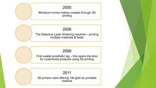 2000
Miniature human kidney created through 3D
printing
2006
The Selective Laser Sintering machine – printing
multiple materials & fields
2009
First usable prosthetic leg – this opens the door
for customized products using 3D printing
2011
3D printers start offering 14k gold as printable
material
 
