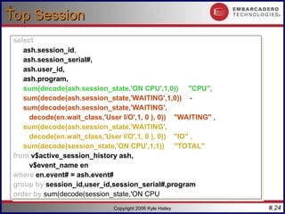 #.24
Copyright 2006 Kyle Hailey
Top Session
Top Session
select
ash.session_id,
ash.session_serial#,
ash.user_id,
ash.program,
sum(decode(ash.session_state,'ON CPU',1,0)) "CPU",
sum(decode(ash.session_state,'WAITING',1,0)) -
sum(decode(ash.session_state,'WAITING',
decode(en.wait_class,'User I/O',1, 0 ), 0)) "WAITING" ,
sum(decode(ash.session_state,'WAITING',
decode(en.wait_class,'User I/O',1, 0 ), 0)) "IO" ,
sum(decode(session_state,'ON CPU',1,1)) "TOTAL"
from v$active_session_history ash,
v$event_name en
where en.event# = ash.event#
group by session_id,user_id,session_serial#,program
order by sum(decode(session_state,'ON CPU',1,1))
select
ash.session_id,
ash.session_serial#,
ash.user_id,
ash.program,
sum(decode(ash.session_state,'ON CPU',1,0)) "CPU",
sum(decode(ash.session_state,'WAITING',1,0)) -
sum(decode(ash.session_state,'WAITING',
decode(en.wait_class,'User I/O',1, 0 ), 0)) "WAITING" ,
sum(decode(ash.session_state,'WAITING',
decode(en.wait_class,'User I/O',1, 0 ), 0)) "IO" ,
sum(decode(session_state,'ON CPU',1,1)) "TOTAL"
from v$active_session_history ash,
v$event_name en
where en.event# = ash.event#
group by session_id,user_id,session_serial#,program
order by sum(decode(session_state,'ON CPU',1,1))
 