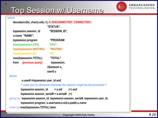 #.26
Copyright 2006 Kyle Hailey
Top Session w/ Username
Top Session w/ Username
select
decode(nvl(to_char(s.sid),-1),-1,'DISCONNECTED','CONNECTED')
"STATUS",
topsession.session_id "SESSION_ID",
u.name "NAME",
topsession.program "PROGRAM",
max(topsession.CPU) "CPU",
max(topsession.WAITING) "WAITING",
max(topsession.IO) "IO",
max(topsession.TOTAL) "TOTAL"
from ( {previous query} ) topsession,
v$session s,
user$ u
where
u.user# =topsession.user_id and
/* outer join to v$session because the session might be disconnected */
topsession.session_id = s.sid (+) and
topsession.session_serial# = s.serial# (+)
group by topsession.session_id, topsession.session_serial#, topsession.user_id,
topsession.program, s.username,s.sid,s.paddr,u.name
order by max(topsession.TOTAL) desc
 