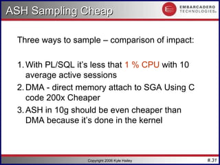 #.31
Copyright 2006 Kyle Hailey
ASH Sampling Cheap
ASH Sampling Cheap
Three ways to sample – comparison of impact:
1.With PL/SQL it’s less that 1 % CPU with 10
average active sessions
2.DMA - direct memory attach to SGA Using C
code 200x Cheaper
3.ASH in 10g should be even cheaper than
DMA because it’s done in the kernel
 