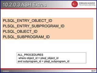 #.41
10.2.0.3 ASH Extras
10.2.0.3 ASH Extras
PLSQL_ENTRY_OBJECT_ID
PLSQL_ENTRY_SUBPROGRAM_ID
PLSQL_OBJECT_ID
PLSQL_SUBPROGRAM_ID
41
10/26/24
ALL_PROCEDURES
ALL_PROCEDURES
where object_id = plsql_object_id
where object_id = plsql_object_id
and subprogram_id = plsql_subprogram_id
and subprogram_id = plsql_subprogram_id
 