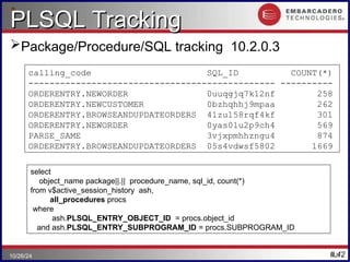 #.42
42
10/26/24
PLSQL Tracking
PLSQL Tracking
Package/Procedure/SQL tracking 10.2.0.3
calling_code SQL_ID COUNT(*)
----------------------------------------------- ----------
ORDERENTRY.NEWORDER 0uuqgjq7k12nf 258
ORDERENTRY.NEWCUSTOMER 0bzhqhhj9mpaa 262
ORDERENTRY.BROWSEANDUPDATEORDERS 41zu158rqf4kf 301
ORDERENTRY.NEWORDER 0yas01u2p9ch4 569
PARSE_SAME 3vjxpmhhzngu4 874
ORDERENTRY.BROWSEANDUPDATEORDERS 05s4vdwsf5802 1669
select
object_name package||.|| procedure_name, sql_id, count(*)
from v$active_session_history ash,
all_procedures procs
where
ash.PLSQL_ENTRY_OBJECT_ID = procs.object_id
and ash.PLSQL_ENTRY_SUBPROGRAM_ID = procs.SUBPROGRAM_ID
 