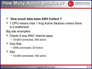 #.46
Copyright 2006 Kyle Hailey
How Many Active Sessions?
How Many Active Sessions?
 How much data does ASH Collect ?
 1 CPU means max 1 Avg Active Session unless there
is a bottleneck
Big site examples:
 Oracle 4 way RAC internal apps
 10,000 connected, 200 active
 One Site
 3000 connected, 30 Active
 Site
 12,000 connected, 100 active
 
