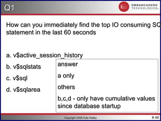 #.48
Q1
Q1
Copyright 2006 Kyle Hailey
How can you immediately find the top IO consuming SQ
How can you immediately find the top IO consuming SQ
statement in the last 60 seconds
statement in the last 60 seconds
a. v$active_session_history
a. v$active_session_history
b. v$sqlstats
b. v$sqlstats
c. v$sql
c. v$sql
d. v$sqlarea
d. v$sqlarea
answer
answer
a only
a only
others
others
b,c,d - only have cumulative values
b,c,d - only have cumulative values
since database startup
since database startup
 