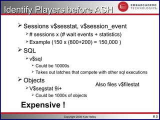 #.5
Copyright 2006 Kyle Hailey
Identify Players before ASH
Identify Players before ASH
 Sessions v$sesstat, v$session_event
 # sessions x (# wait events + statistics)
 Example (150 x (800+200) = 150,000 )
 SQL
 v$sql
 Could be 10000s
 Takes out latches that compete with other sql executions
 Objects
 V$segstat 9i+
 Could be 1000s of objects
Expensive !
Also files v$filestat
 