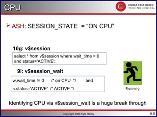 #.8
Copyright 2006 Kyle Hailey
CPU
CPU
 ASH: SESSION_STATE = “ON CPU”
10g: v$session
9i: v$session_wait
w.wait_time != 0 /* on CPU */ and
s.status='ACTIVE' /* ACTIVE */
Identifying CPU via v$session_wait is a huge break through
Identifying CPU via v$session_wait is a huge break through
select * from v$session where wait_time > 0
and status='ACTIVE';
 