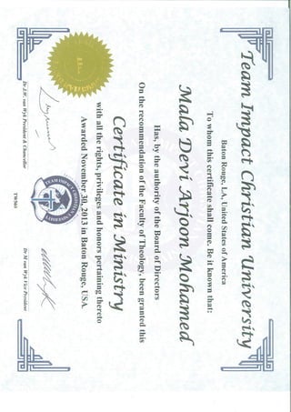 Mala Certificate in Ministry 2013