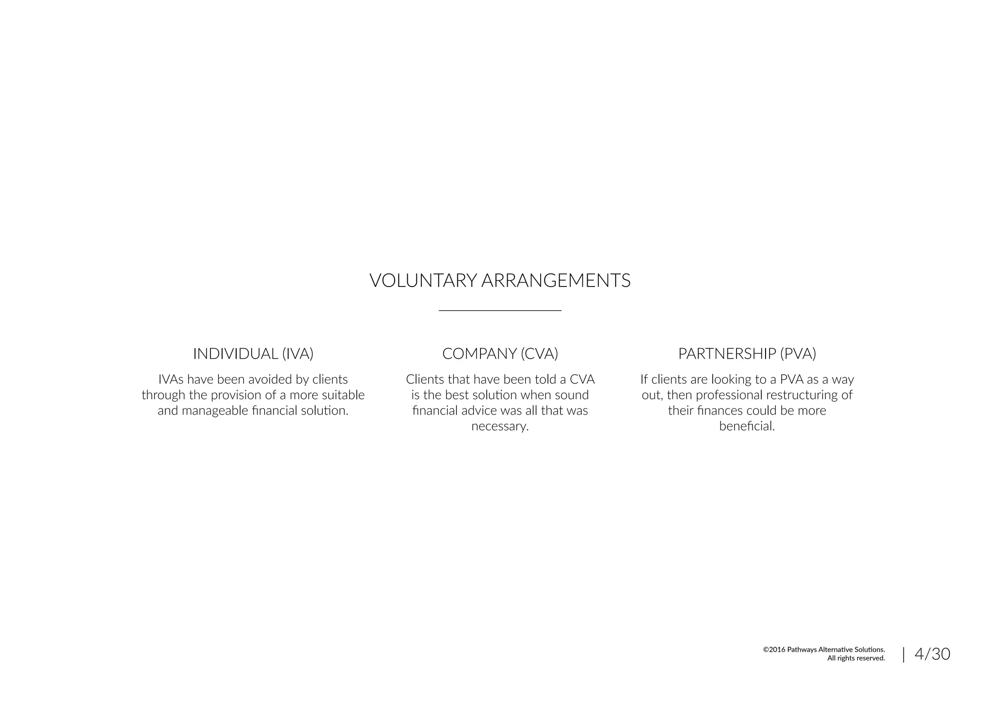 VOLUNTARY ARRANGEMENTS
INDIVIDUAL (IVA) COMPANY (CVA) PARTNERSHIP (PVA)
IVAs have been avoided by clients
through the provision of a more suitable
and manageable financial solution.
Clients that have been told a CVA
is the best solution when sound
financial advice was all that was
necessary.
If clients are looking to a PVA as a way
out, then professional restructuring of
their finances could be more
beneficial.
| 4/30©2016 Pathways Alternative Solutions.
All rights reserved.
 