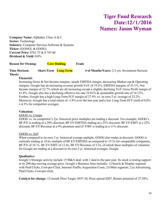 16
Tiger Fund Research
Date:12/1/2016
Names: Jason Wyman
Company Name: Alphabet, Class A & C
Sector: Technology
Industry: Computer Services Software & Systems
Ticker: (GOOGL & GOOG)
Current Price: $761.73 & $ 747.60
Dividend & Yield: 0.0%
Reason for Owning: Core Holding Trade
Time Horizon: Short-Term Long-Term # of Months/Years: 2-3 yrs. Investment Horizon
Thesis:
Financial:
Increasing Gross & Net Income margins, steady EBITDA margin, decreasing Market cap & Operating
margins. Google has an increasing revenue growth YoY of 19.2%, EBITDA margins of 33.1%, Net
Income margin of 22.7% which are all increasing except a slightly declining YoY Gross Profit margin of
61.8%. Google also has a declining effective tax rate 16.81% & sustainable growth rate of 14.12%.
Further, Google has a high Long-Term FCF margin of 27.9% vs. its own 5 yr. average of 23.2%.
Moreover, Google has a total return of -1.9% over the last year and a low Long-Term FCF yield of 0.0%
v.4.3% for competitor averages.
Valuation:
GOOG vs. Comps
GOOG vs. its competitor’s 2yr. historical price multiples are trading a discount. For example, GOOG’s
BF P/E is trading at a 20% discount, BF EV/EBITDA trading at a 23% discount, BF EV/EBIT at a 22%
discount, BF EV/Revenue at a 9% premium and LF P/BV is trading at a 11% discount.
GOOG vs. Self
When compared to its own 2 yr. historical average multiple, GOOG also trades at discount. GOOG is
currently trading at 10.6x multiple of BF EV/EBITDA as compared to 15.3x for comparable companies,
BF P/E of 18.7x, BF EV/EBIT of 12.4x, BF EV/Revenue of 5.2x, of which these multiples of valuation
for Google are trading at a discount to its own 2 yr. historical averages. Google
Qualitative:
Google’s Strategic activity include 15 M&A deal, with 1 deal in the past year. Its stock is testing support
at its 200-day moving average price. Google’s Business lines includes: 1) Search & Display segment
with Paid Clicks, Cost-per-Click, Internet-Traffic Acquisition Costs; 2) Other segment; 2.a) Advertising,
Paid Clicks, Cost-per-click.
Catalyst for change: 12-month Price Target: $957.50, Price spread $207, Return potential of 27.58%.
 
