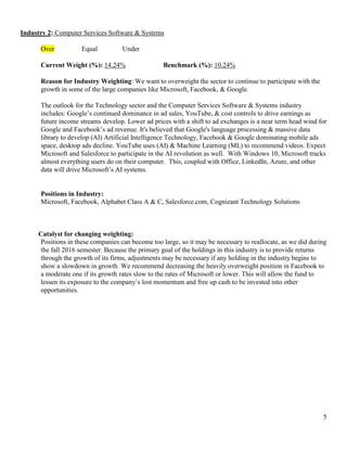 5
Industry 2: Computer Services Software & Systems
Over Equal Under
Current Weight (%): 14.24% Benchmark (%): 10.24%
Reason for Industry Weighting: We want to overweight the sector to continue to participate with the
growth in some of the large companies like Microsoft, Facebook, & Google.
The outlook for the Technology sector and the Computer Services Software & Systems industry
includes: Google’s continued dominance in ad sales, YouTube, & cost controls to drive earnings as
future income streams develop. Lower ad prices with a shift to ad exchanges is a near term head wind for
Google and Facebook’s ad revenue. It's believed that Google's language processing & massive data
library to develop (AI) Artificial Intelligence Technology, Facebook & Google dominating mobile ads
space, desktop ads decline. YouTube uses (AI) & Machine Learning (ML) to recommend videos. Expect
Microsoft and Salesforce to participate in the AI revolution as well. With Windows 10, Microsoft tracks
almost everything users do on their computer. This, coupled with Office, LinkedIn, Azure, and other
data will drive Microsoft’s AI systems.
Positions in Industry:
Microsoft, Facebook, Alphabet Class A & C, Salesforce.com, Cognizant Technology Solutions
Catalyst for changing weighting:
Positions in these companies can become too large, so it may be necessary to reallocate, as we did during
the fall 2016 semester. Because the primary goal of the holdings in this industry is to provide returns
through the growth of its firms, adjustments may be necessary if any holding in the industry begins to
show a slowdown in growth. We recommend decreasing the heavily overweight position in Facebook to
a moderate one if its growth rates slow to the rates of Microsoft or lower. This will allow the fund to
lessen its exposure to the company’s lost momentum and free up cash to be invested into other
opportunities.
 