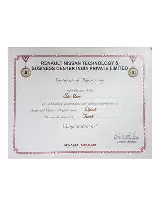 Certificate of Appreciation - Renault Nissan (Client)
