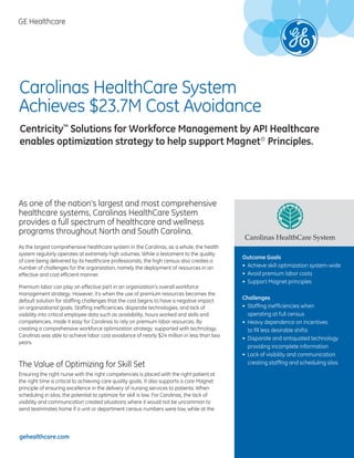GE Healthcare
Outcome Goals
Challenges
gehealthcare.com
Centricity™
Solutions for Workforce Management by API Healthcare
enables optimization strategy to help support Magnet®
Principles.
 