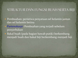  Pembuahan: peristiwa penyatuan sel kelamin jantan
dan sel kelamin betina
 Partenokarpi: Pembuahan yang terjadi sebelum
penyerbukan
 Bakal buah (pada bagian bawah putik) berkembang
menjadi buah dan bakal biji berkembang menjadi biji
 