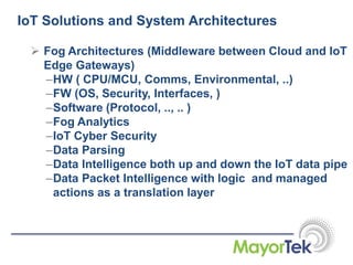 IoT Solutions and System Architectures
 Fog Architectures (Middleware between Cloud and IoT
Edge Gateways)
–HW ( CPU/MCU, Comms, Environmental, ..)
–FW (OS, Security, Interfaces, )
–Software (Protocol, .., .. )
–Fog Analytics
–IoT Cyber Security
–Data Parsing
–Data Intelligence both up and down the IoT data pipe
–Data Packet Intelligence with logic and managed
actions as a translation layer
 