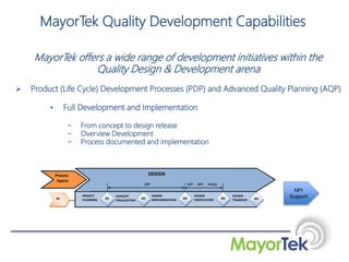MayorTek offers a wide range of development initiatives within the
Quality Design & Development arena
 Product (Life Cycle) Development Processes (PDP) and Advanced Quality Planning (AQP)
• Full Development and Implementation
− From concept to design release
− Overview Development
− Process documented and implementation
DESIGN
G1
PROJECT
PLANNING
CONCEPT
FINALIZATION
DESIGN
IMPLEMENATION
DESIGN
VERIFICATION
DESIGN
TRANSFER
G2 G3 G4 G5
Process
Inputs
PI
EDT EVT DVT PVT(s)
NPI
Support
MayorTek Quality Development Capabilities
 