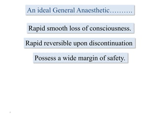 5
Rapid smooth loss of consciousness.
An ideal General Anaesthetic……….
Rapid reversible upon discontinuation
Possess a wide margin of safety.
 