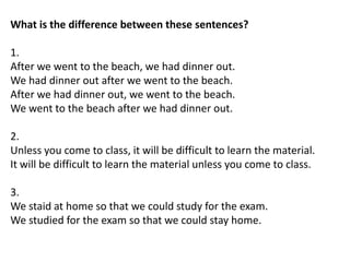 What is the difference between these sentences?
1.
After we went to the beach, we had dinner out.
We had dinner out after we went to the beach.
After we had dinner out, we went to the beach.
We went to the beach after we had dinner out.
2.
Unless you come to class, it will be difficult to learn the material.
It will be difficult to learn the material unless you come to class.
3.
We staid at home so that we could study for the exam.
We studied for the exam so that we could stay home.
 