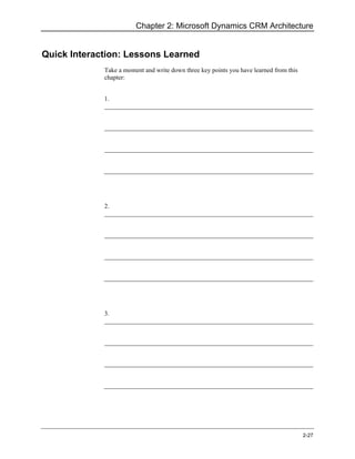 Chapter 2: Microsoft Dynamics CRM Architecture


Quick Interaction: Lessons Learned
             Take a moment and write down three key points you have learned from this
             chapter:


             1.




             2.




             3.




                                                                                        2-27
 