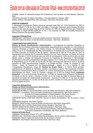 Estude com as vídeo-aulas do Concurso Virtual - www.concursovirtual.com.br
  
  


 STANEK, William R. Microsoft Windows XP Professional, Guia de Bolso do Administrador, Bookman,
 2006.
 VELLOSO, Fernando de Castro. Informática – Conceitos Básicos, Campus, 2004.
 WANG, Wallace. Microsoft Office 2007 para leigos. São Paulo: Alta Books, 2008

 DIREITOS HUMANOS
 1. Declaração Universal dos Direitos Humanos, aprovada pela ONU, em 10 de Dezembro de 1948. 2.
 Decreto Federal nº 678, de 06.11.1992, promulga a Convenção Americana sobre Direitos Humanos
 (Pacto de São José da Costa Rica) de 22 de novembro de 1969. 3. Regras Mínimas para Tratamento
 dos Presos no Brasil (RESOLUÇÃO Nº 14, de 11 de novembro de 1994 do Conselho Nacional de
 Política Criminal e Penitenciária (CNPCP).

 Sugestões Bibliográficas:
 DORNELLES, João Ricardo. O que são direitos humanos. São Paulo : Brasiliense.
 DALLARI, Dalmo de Abreu. O que são direitos da pessoa. São Paulo : Brasiliense

 CONHECIMENTOS ESPECÍFICOS:
 Noções de Direito Constitucional e Administrativo – 1.Constituição da República Federativa do
 Brasil/CFRB. Dos Direitos e Garantias Fundamentais, especificamente os capítulos I e II, Dos Direitos e
 Deveres Individuais e Coletivos. Dos Direitos Sociais. Da Administração Pública, especificamente;
 artigos 37 ao 41. 2. Classificação dos Atos administrativos. 3. Estatuto dos Funcionários Públicos Civis
 do Poder Executivo do Estado do Rio de Janeiro - Decreto-Lei Nº 220 de 18 de julho de 1975. 4.
 Regulamento do Estatuto dos Funcionários Públicos Civis do Poder Executivo do Estado do Rio de
 Janeiro - Decreto nº 2.479, de 08 de março de 1979. 5. Lei Estadual nº 4.583, de 25 de julho de 2005
 Dispõe sobre a Criação da Categoria Funcional de Inspetores de Segurança e Administração
 Penitenciária e dá outras providências e alteração posterior Lei nº 5.348, de 11 de dezembro de 2008.
 6. Regulamento da Lei nº 4.583, de 25 de julho de 2005, aprovado pelo Decreto nº 40.013, de 28 de
 setembro de 2006, especificamente: Capítulo V: do Código de Ética – Artigo 18, Capítulo VI: Dos
 Direitos – Artigo 19, Capítulo VIII: Da Responsabilidade – Artigos 24 e 25 e Capítulo IX: Das
 Transgressões Disciplinares, Artigo 26. Noções de Direito Penal – 1. Direito Penal conceito,
 características e finalidade. 2. Tipicidade: conceito. Tipo doloso e culposo. Tipo consumado e tentado.
 Desistência. Arrependimento eficaz e posterior. 3. Crimes Praticados por Funcionário Público contra a
 Administração em Geral – Título XI, Capítulo I (Artigos 312 a 327) do Código Penal. Legislação
 Específica – 1. A Lei de Execução Penal (Lei no. 7.210/84). 2. Regulamento do Sistema Penitenciário
 do Estado do Rio de Janeiro - Decreto nº 8.897, de 31 de março de 1986. 3. Estrutura Básica da
 Secretaria de Estado de Administração Penitenciária - Decreto nº 41.864, de 12 de maio de 2009,
 alterada pelos Decretos nºs. 42.452, de 06 de maio de 2010, 42.560, de 19 de julho de 2010 e 42.601,
 de 24 de agosto de 2010.

 Sugestões Bibliográficas:
 Noções de Direito Constitucional e Administrativo
 Constituição Federal atualizada.
 BANDEIRA DE MELLO, CELSO ANTONIO. Curso de Direito Administrativo. São Paulo: Malheiros.
 BARROSO, Luis Roberto. Curso de Direito Constitucional Contemporâneo. São Paulo: Saraiva.
 ______________ Controle de Constitucionalidade no Direito Brasileiro. São Paulo: Saraiva.
 ______________ Temas de Direito Constitucional, I, II e III. Rio de Janeiro: Renovar.
 CARVALHO FILHO, JOSÉ DOS SANTOS. Manual de Direito Administrativo. Rio de Janeiro: Lúmen
 Juris.
 GASPARINI, Diógenes. São Paulo: Saraiva.
 MENDES, Gilmar Ferreira. Curso de Direito Constitucional. São Paulo: Saraiva/IDP.
 MEIRELLES, HELY LOPES. Direito Administrativo Brasileiro. São Paulo: RT.
 PIETRO, MARIA SILVIA ZANELLA DI. Direito Administrativo. São Paulo: Atlas.
 SILVA, José Afonso da. Curso de Direito Constitucional Positivo. São Paulo: Malheiros.
 ______________ Comentário Contextual à Constituição. São Paulo: Malheiros
 Noções de Direito Penal
 Legislação: Constituição Federal, CP e CPP atualizados.
 BATISTA, Nilo. Introdução crítica ao Direito Penal Brasileiro. Rio de Janeiro: editora Revan.
 FRAGOSO, Heleno, Lições de Direito Penal. Rio de Janeiro: Forense
 MIRABETE Julio Fabbrini, Manual de Direito Penal. São Paulo: Atlas.

                                                                                                            31
 