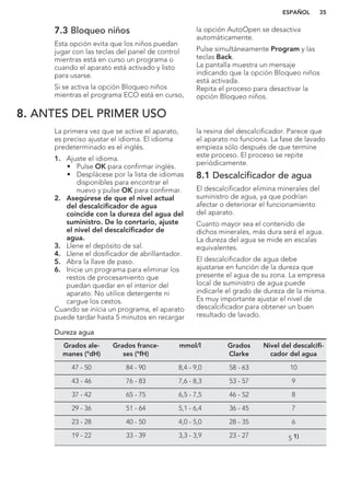 7.3 Bloqueo niños
Esta opción evita que los niños puedan
jugar con las teclas del panel de control
mientras está en curso un programa o
cuando el aparato está activado y listo
para usarse.
Si se activa la opción Bloqueo niños
mientras el programa ECO está en curso,
la opción AutoOpen se desactiva
automáticamente.
Pulse simultáneamente Program y las
teclas Back.
La pantalla muestra un mensaje
indicando que la opción Bloqueo niños
está activada.
Repita el proceso para desactivar la
opción Bloqueo niños.
8. ANTES DEL PRIMER USO
La primera vez que se active el aparato,
es preciso ajustar el idioma. El idioma
predeterminado es el inglés.
1. Ajuste el idioma.
• Pulse OK para confirmar inglés.
• Desplácese por la lista de idiomas
disponibles para encontrar el
nuevo y pulse OK para confirmar.
2. Asegúrese de que el nivel actual
del descalcificador de agua
coincide con la dureza del agua del
suministro. De lo conrtario, ajuste
el nivel del descalcificador de
agua.
3. Llene el depósito de sal.
4. Llene el dosificador de abrillantador.
5. Abra la llave de paso.
6. Inicie un programa para eliminar los
restos de procesamiento que
puedan quedar en el interior del
aparato. No utilice detergente ni
cargue los cestos.
Cuando se inicia un programa, el aparato
puede tardar hasta 5 minutos en recargar
la resina del descalcificador. Parece que
el aparato no funciona. La fase de lavado
empieza sólo después de que termine
este proceso. El proceso se repite
periódicamente.
8.1 Descalcificador de agua
El descalcificador elimina minerales del
suministro de agua, ya que podrían
afectar o deteriorar el funcionamiento
del aparato.
Cuanto mayor sea el contenido de
dichos minerales, más dura será el agua.
La dureza del agua se mide en escalas
equivalentes.
El descalcificador de agua debe
ajustarse en función de la dureza que
presente el agua de su zona. La empresa
local de suministro de agua puede
indicarle el grado de dureza de la misma.
Es muy importante ajustar el nivel de
descalcificador para obtener un buen
resultado de lavado.
Dureza agua
Grados ale-
manes (°dH)
Grados france-
ses (°fH)
mmol/l Grados
Clarke
Nivel del descalcifi-
cador del agua
47 - 50 84 - 90 8,4 - 9,0 58 - 63 10
43 - 46 76 - 83 7,6 - 8,3 53 - 57 9
37 - 42 65 - 75 6,5 - 7,5 46 - 52 8
29 - 36 51 - 64 5,1 - 6,4 36 - 45 7
23 - 28 40 - 50 4,0 - 5,0 28 - 35 6
19 - 22 33 - 39 3,3 - 3,9 23 - 27 5 1)
ESPAÑOL 35
 