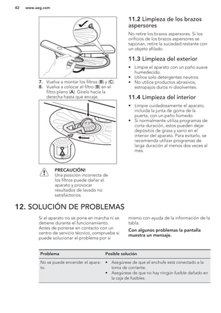 7. Vuelva a montar los filtros (B) y (C).
8. Vuelva a colocar el filtro (B) en el
filtro plano (A). Gírelo hacia la
derecha hasta que encaje.
PRECAUCIÓN!
Una posición incorrecta de
los filtros puede dañar el
aparato y provocar
resultados de lavado no
satisfactorios.
11.2 Limpieza de los brazos
aspersores
No retire los brazos aspersores. Si los
orificios de los brazos aspersores se
taponan, retire la suciedad restante con
un objeto afilado.
11.3 Limpieza del exterior
• Limpie el aparato con un paño suave
humedecido.
• Utilice solo detergentes neutros.
• No utilice productos abrasivos,
estropajos duros ni disolventes.
11.4 Limpieza del interior
• Limpie cuidadosamente el aparato,
incluida la junta de goma de la
puerta, con un paño húmedo.
• Si normalmente utiliza programas de
corta duración, estos pueden dejar
depósitos de grasa y sarro en el
interior del aparato. Para evitarlo, se
recomienda utilizar programas de
larga duración al menos dos veces al
mes.
12. SOLUCIÓN DE PROBLEMAS
Si el aparato no se pone en marcha ni se
detiene durante el funcionamiento.
Antes de ponerse en contacto con un
centro de servicio técnico, compruebe si
puede solucionar el problema por sí
mismo con ayuda de la información de la
tabla.
Con algunos problemas la pantalla
muestra un mensaje.
Problema Posible solución
No se puede encender el apara-
to.
• Asegúrese de que el enchufe está conectado a la
toma de corriente.
• Asegúrese de que no hay ningún fusible dañado en
la caja de fusibles.
www.aeg.com42
 