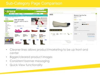 • Cleaner lines allows product/marketing to be up front and
center
• Bigger/cleared product images
• Consistent banner messaging
• Quick-View functionality
Sub-Category Page Comparison
 