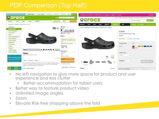 • No left navigation to give more space for product and user
experience and less clutter
• Better accommodation for tablet users
• Better way to feature product video
• Unlimited image angles
• Zoom
• Elevate Risk-free shopping above the fold
PDP Comparison (Top Half)
 