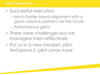 Key Takeaways
• Successful execution
– Much better brand alignment with a
great creative platform for the future
– Performance gains
• There were challenges but we
managed them effectively
• Put us in a new mindset: pilot,
test/prove it, pilot some more
 