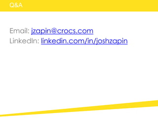 Q&A
Email: jzapin@crocs.com
LinkedIn: linkedin.com/in/joshzapin
 