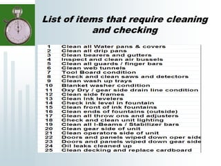 List of items that require cleaning
and checking
 