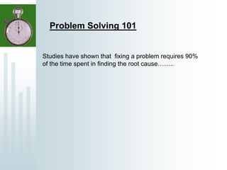 Problem Solving 101
Studies have shown that fixing a problem requires 90%
of the time spent in finding the root cause……..
 