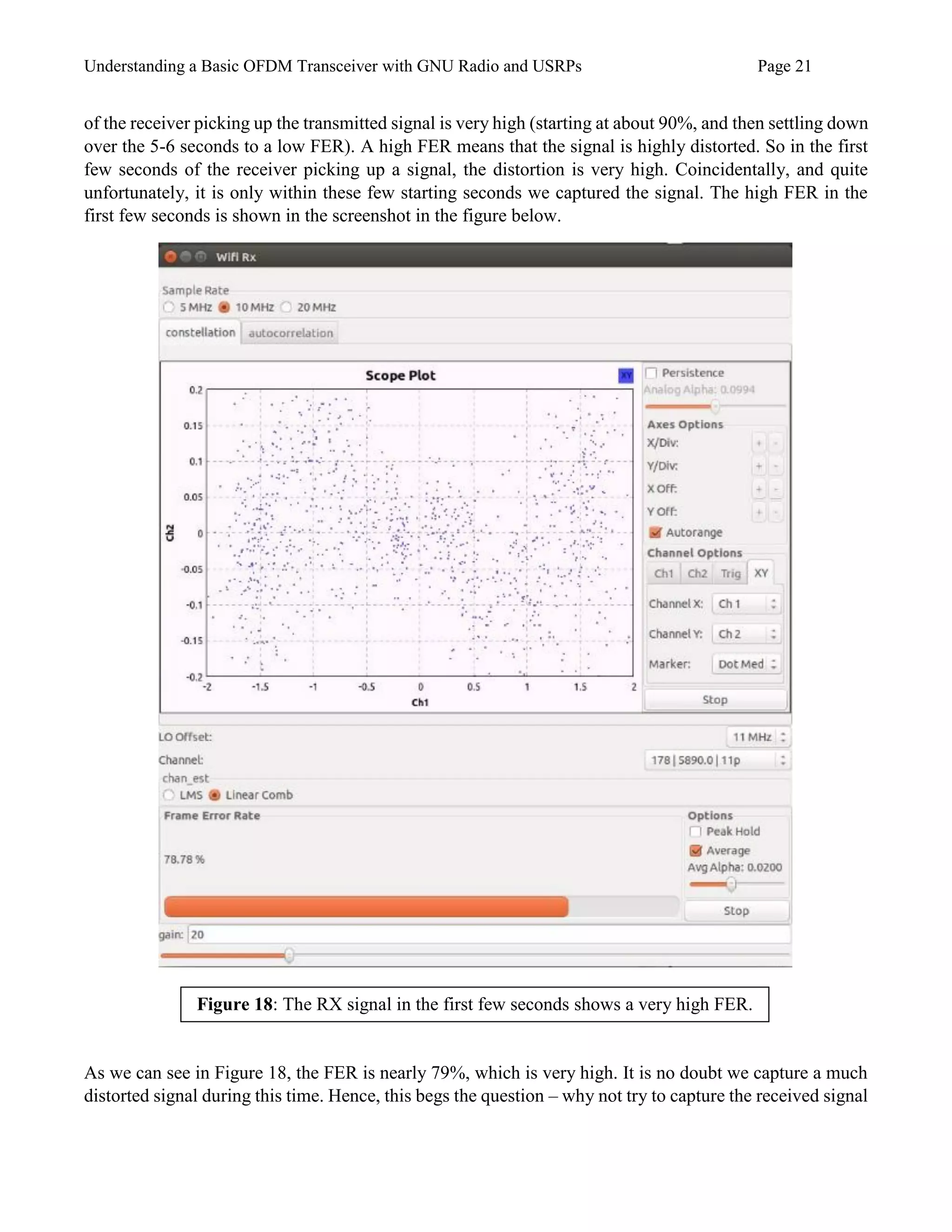 Understanding a Basic OFDM Transceiver with GNU Radio and USRPs Page 21
of the receiver picking up the transmitted signal is very high (starting at about 90%, and then settling down
over the 5-6 seconds to a low FER). A high FER means that the signal is highly distorted. So in the first
few seconds of the receiver picking up a signal, the distortion is very high. Coincidentally, and quite
unfortunately, it is only within these few starting seconds we captured the signal. The high FER in the
first few seconds is shown in the screenshot in the figure below.
As we can see in Figure 18, the FER is nearly 79%, which is very high. It is no doubt we capture a much
distorted signal during this time. Hence, this begs the question – why not try to capture the received signal
Figure 18: The RX signal in the first few seconds shows a very high FER.
 