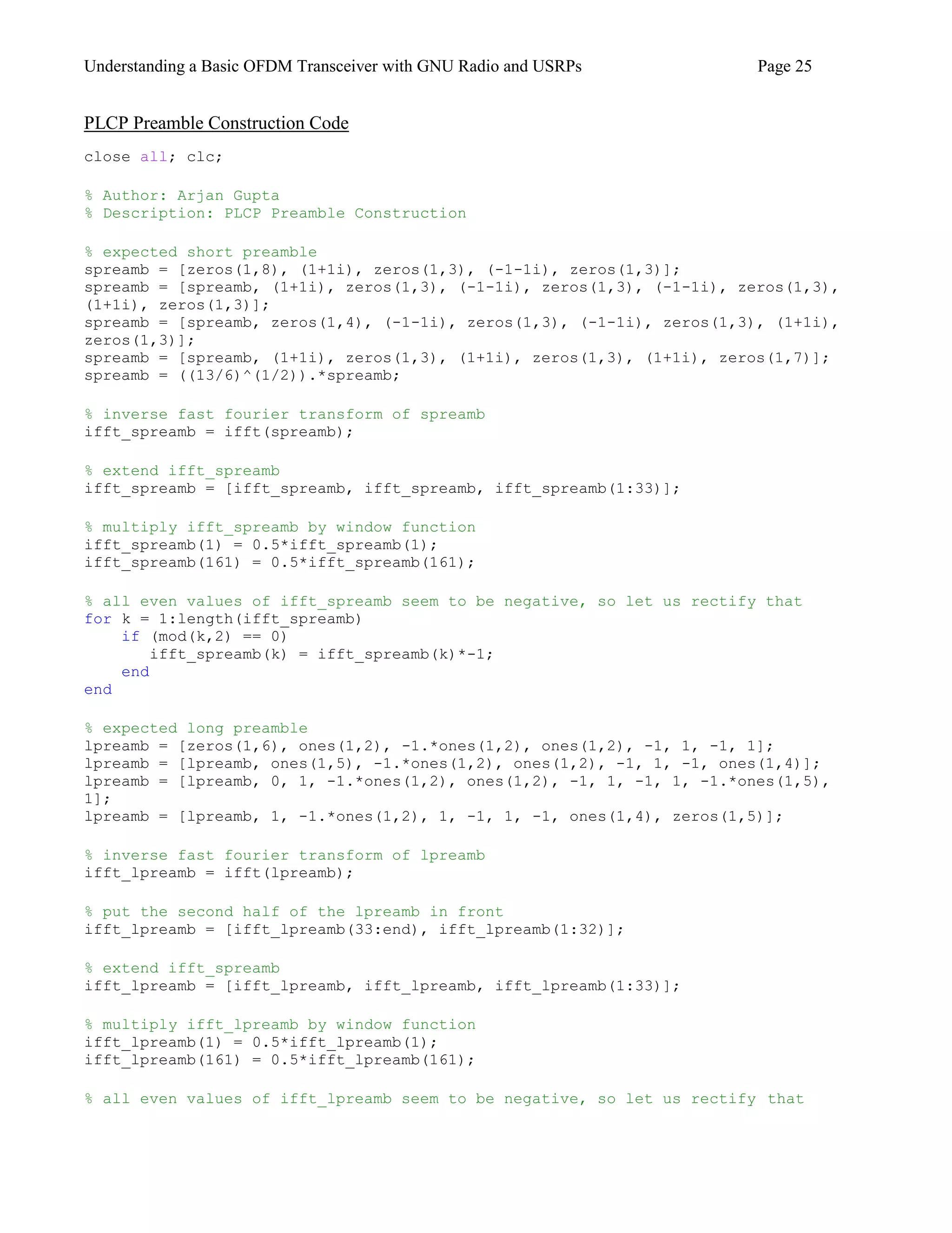 Understanding a Basic OFDM Transceiver with GNU Radio and USRPs Page 25
PLCP Preamble Construction Code
close all; clc;
% Author: Arjan Gupta
% Description: PLCP Preamble Construction
% expected short preamble
spreamb = [zeros(1,8), (1+1i), zeros(1,3), (-1-1i), zeros(1,3)];
spreamb = [spreamb, (1+1i), zeros(1,3), (-1-1i), zeros(1,3), (-1-1i), zeros(1,3),
(1+1i), zeros(1,3)];
spreamb = [spreamb, zeros(1,4), (-1-1i), zeros(1,3), (-1-1i), zeros(1,3), (1+1i),
zeros(1,3)];
spreamb = [spreamb, (1+1i), zeros(1,3), (1+1i), zeros(1,3), (1+1i), zeros(1,7)];
spreamb = ((13/6)^(1/2)).*spreamb;
% inverse fast fourier transform of spreamb
ifft_spreamb = ifft(spreamb);
% extend ifft_spreamb
ifft_spreamb = [ifft_spreamb, ifft_spreamb, ifft_spreamb(1:33)];
% multiply ifft_spreamb by window function
ifft_spreamb(1) = 0.5*ifft_spreamb(1);
ifft_spreamb(161) = 0.5*ifft_spreamb(161);
% all even values of ifft_spreamb seem to be negative, so let us rectify that
for k = 1:length(ifft_spreamb)
if (mod(k,2) == 0)
ifft_spreamb(k) = ifft_spreamb(k)*-1;
end
end
% expected long preamble
lpreamb = [zeros(1,6), ones(1,2), -1.*ones(1,2), ones(1,2), -1, 1, -1, 1];
lpreamb = [lpreamb, ones(1,5), -1.*ones(1,2), ones(1,2), -1, 1, -1, ones(1,4)];
lpreamb = [lpreamb, 0, 1, -1.*ones(1,2), ones(1,2), -1, 1, -1, 1, -1.*ones(1,5),
1];
lpreamb = [lpreamb, 1, -1.*ones(1,2), 1, -1, 1, -1, ones(1,4), zeros(1,5)];
% inverse fast fourier transform of lpreamb
ifft_lpreamb = ifft(lpreamb);
% put the second half of the lpreamb in front
ifft_lpreamb = [ifft_lpreamb(33:end), ifft_lpreamb(1:32)];
% extend ifft_spreamb
ifft_lpreamb = [ifft_lpreamb, ifft_lpreamb, ifft_lpreamb(1:33)];
% multiply ifft_lpreamb by window function
ifft_lpreamb(1) = 0.5*ifft_lpreamb(1);
ifft_lpreamb(161) = 0.5*ifft_lpreamb(161);
% all even values of ifft_lpreamb seem to be negative, so let us rectify that
 