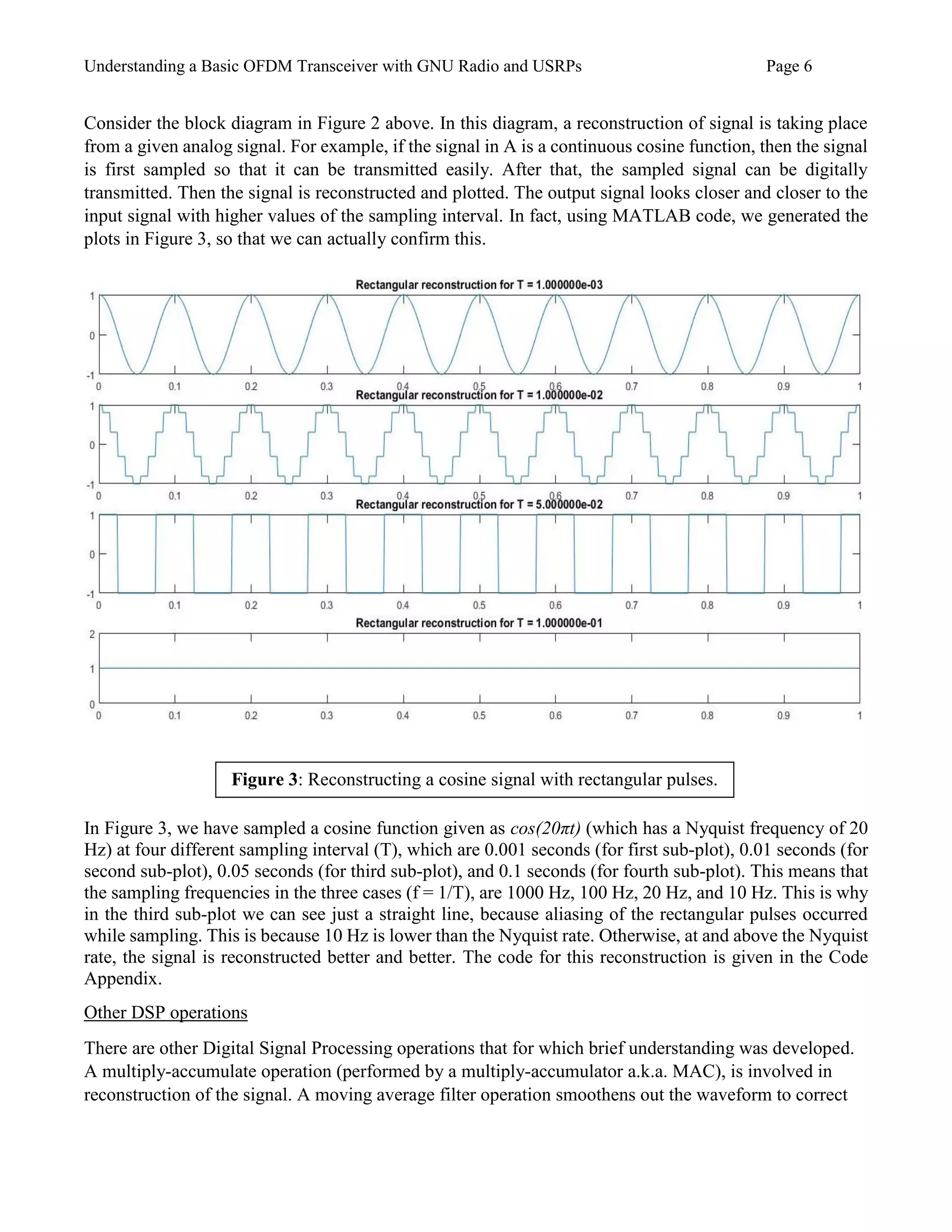 Understanding a Basic OFDM Transceiver with GNU Radio and USRPs Page 6
Consider the block diagram in Figure 2 above. In this diagram, a reconstruction of signal is taking place
from a given analog signal. For example, if the signal in A is a continuous cosine function, then the signal
is first sampled so that it can be transmitted easily. After that, the sampled signal can be digitally
transmitted. Then the signal is reconstructed and plotted. The output signal looks closer and closer to the
input signal with higher values of the sampling interval. In fact, using MATLAB code, we generated the
plots in Figure 3, so that we can actually confirm this.
In Figure 3, we have sampled a cosine function given as cos(20πt) (which has a Nyquist frequency of 20
Hz) at four different sampling interval (T), which are 0.001 seconds (for first sub-plot), 0.01 seconds (for
second sub-plot), 0.05 seconds (for third sub-plot), and 0.1 seconds (for fourth sub-plot). This means that
the sampling frequencies in the three cases (f = 1/T), are 1000 Hz, 100 Hz, 20 Hz, and 10 Hz. This is why
in the third sub-plot we can see just a straight line, because aliasing of the rectangular pulses occurred
while sampling. This is because 10 Hz is lower than the Nyquist rate. Otherwise, at and above the Nyquist
rate, the signal is reconstructed better and better. The code for this reconstruction is given in the Code
Appendix.
Other DSP operations
There are other Digital Signal Processing operations that for which brief understanding was developed.
A multiply-accumulate operation (performed by a multiply-accumulator a.k.a. MAC), is involved in
reconstruction of the signal. A moving average filter operation smoothens out the waveform to correct
Figure 3: Reconstructing a cosine signal with rectangular pulses.
 