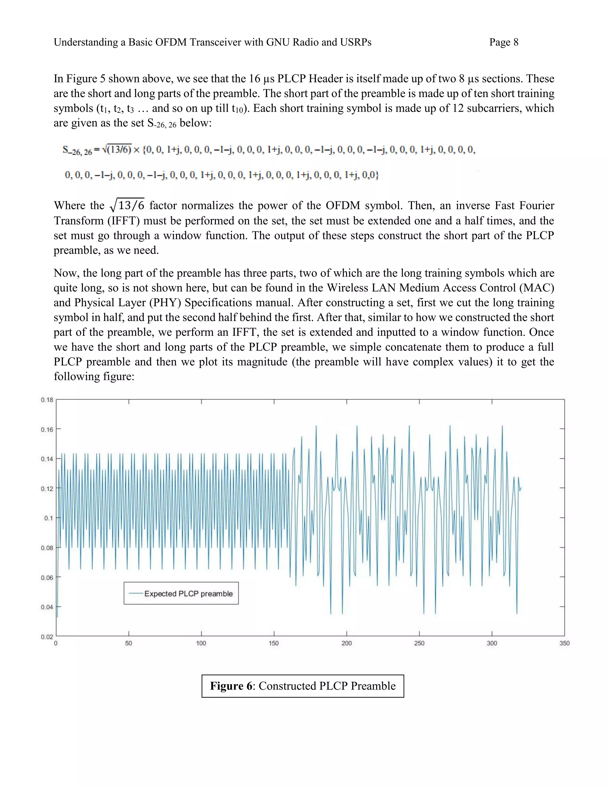 Understanding a Basic OFDM Transceiver with GNU Radio and USRPs Page 8
In Figure 5 shown above, we see that the 16 µs PLCP Header is itself made up of two 8 µs sections. These
are the short and long parts of the preamble. The short part of the preamble is made up of ten short training
symbols (t1, t2, t3 … and so on up till t10). Each short training symbol is made up of 12 subcarriers, which
are given as the set S-26, 26 below:
Where the √13 6⁄ factor normalizes the power of the OFDM symbol. Then, an inverse Fast Fourier
Transform (IFFT) must be performed on the set, the set must be extended one and a half times, and the
set must go through a window function. The output of these steps construct the short part of the PLCP
preamble, as we need.
Now, the long part of the preamble has three parts, two of which are the long training symbols which are
quite long, so is not shown here, but can be found in the Wireless LAN Medium Access Control (MAC)
and Physical Layer (PHY) Specifications manual. After constructing a set, first we cut the long training
symbol in half, and put the second half behind the first. After that, similar to how we constructed the short
part of the preamble, we perform an IFFT, the set is extended and inputted to a window function. Once
we have the short and long parts of the PLCP preamble, we simple concatenate them to produce a full
PLCP preamble and then we plot its magnitude (the preamble will have complex values) it to get the
following figure:
Figure 6: Constructed PLCP Preamble
 