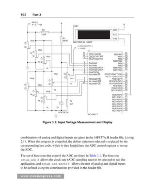 102 Part 3
www.newnespress.com
combinations of analog and digital inputs are given in the 16F877A.H header file, Listing
2.19. When the program is compiled, the define statement selected is replaced by the
corresponding hex code, which is then loaded into the ADC control register to set up
the ADC.
The set of functions that control the ADC are listed in Table 3.1. The function
setup_adc() allows the clock rate (ADC sampling rate) to be selected to suit the
application, and setup_adc_ports() allows the mix of analog and digital inputs
to be defined using the combinations provided in the header file.
RB0/INT
13 33
34
35
36
37
38
39
40
15
16
17
18
23
24
25
26
19
20
21
22
27
28
29
30
RA0/AN0
RB1
RB2
RB3/PGM
RB4
RB5
RB6/PGC
RB7/PGD
RC0/T1OSO/T1CKl
RC1/T1OSI/CCP2
RC2/CCP1
RC3/SCK/SCL
RC4/SDI/SDA
RC5/SDO
RC6/TX/CK
RC7/RX/DT
RD0/PSP0
RD1/PSP1
RD2/PSP2
RD3/PSP3
RD4/PSP4
RD5/PSP5
RD6/PSP6
RD7/PSP7
RA1/AN1
RA2/AN2/VREF
RA3/AN3/VREF
RA4/T0CKI
RA5/AN4/SS
RE0/AN5/RD
RE1/AN6/WR
RE2/AN7/CS
PlC16F877
U1
OSC1/CLKIN
OSC2/CLKOUT
MCLR/Vpp/THV
14
1
2
3
4
5
6
7
8
9
10
RV5
RV4
RV3
R1
680R
R3
RV5(1)
V2.71739
LCD1
MILFORD-2X16-BKP
U1(RA3/AN3/VREF)
V2.55838
VDD
RXD
VSS
120R
RV6
RV7
RV8
RV1
RV2
R2
4k7
D1
1k
1k
1k
1k
1k
1k
1k
1k
BZX79C2V7
Figure 3.2: Input Voltage Measurement and Display
Ch03-H8960.indd 102
Ch03-H8960.indd 102 6/10/2008 5:07:25 PM
6/10/2008 5:07:25 PM
 