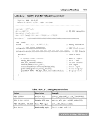 C Peripheral Interfaces 103
www.newnespress.com
Listing 3.2 Test Program for Voltage Measurement
/* VOLTS.C MPB 25-3-07
Read  display 10-bit input voltage
*****************************************************************/
#include 16F877A.h
#device ADC=10 // 10-bit operation
#use delay(clock=4000000)
#use rs232(baud=9600,xmit=PIN_D0,rcv=PIN_D1)
void main() //**************************************************
{
int chan;
float analin[8], disvolts[8]; // Array variables
setup_adc(ADC_CLOCK_INTERNAL); // ADC Clock source
setup_adc_ports(AN0_AN1_AN2_AN4_AN5_AN6_AN7_VSS_VREF); // ADC inputs
while(1) // Loop always
{
for(chan=0;chan8;chan++) // Read 8 inputs
{ delay_ms(1000); // Wait 1 sec
set_adc_channel(chan); // Select channel
analin[chan]=read_adc(); // Get input
disvolts[chan]=(analin[chan])/400; // Scale input
putc(254);putc(1);delay_ms(10); // Clear display
printf( RA%d = %4.3g,chan,disvolts[chan]); // Display volts
}
}
}
Table 3.1: CCS C Analog Input Functions
Action Description Example
ADC SETUP Initialize ADC setup_adc(ADC_CLOCK_INTERNAL);
ADC PINS SETUP Initialize ADC pins setup_adc_ports(RA0_ANALOG);
ADC CHANNEL SELECT Select ADC input set_adc_channel(0);
ADC READ Read analog input inval=read_adc();
Ch03-H8960.indd 103
Ch03-H8960.indd 103 6/10/2008 5:07:25 PM
6/10/2008 5:07:25 PM
 