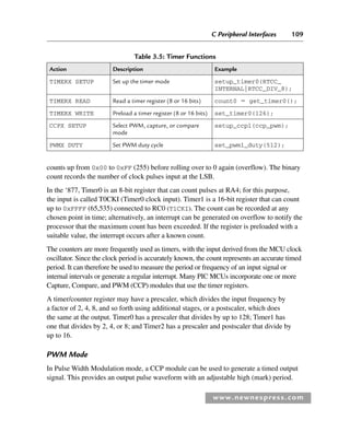 C Peripheral Interfaces 109
www.newnespress.com
counts up from 0x00 to 0xFF (255) before rolling over to 0 again (overflow). The binary
count records the number of clock pulses input at the LSB.
In the ‘877, Timer0 is an 8-bit register that can count pulses at RA4; for this purpose,
the input is called T0CKI (Timer0 clock input). Timer1 is a 16-bit register that can count
up to 0xFFFF (65,535) connected to RC0 (T1CKI). The count can be recorded at any
chosen point in time; alternatively, an interrupt can be generated on overflow to notify the
processor that the maximum count has been exceeded. If the register is preloaded with a
suitable value, the interrupt occurs after a known count.
The counters are more frequently used as timers, with the input derived from the MCU clock
oscillator. Since the clock period is accurately known, the count represents an accurate timed
period. It can therefore be used to measure the period or frequency of an input signal or
internal intervals or generate a regular interrupt. Many PIC MCUs incorporate one or more
Capture, Compare, and PWM (CCP) modules that use the timer registers.
A timer/counter register may have a prescaler, which divides the input frequency by
a factor of 2, 4, 8, and so forth using additional stages, or a postscaler, which does
the same at the output. Timer0 has a prescaler that divides by up to 128; Timer1 has
one that divides by 2, 4, or 8; and Timer2 has a prescaler and postscaler that divide by
up to 16.
PWM Mode
In Pulse Width Modulation mode, a CCP module can be used to generate a timed output
signal. This provides an output pulse waveform with an adjustable high (mark) period.
Table 3.5: Timer Functions
Action Description Example
TIMERX SETUP Set up the timer mode setup_timer0(RTCC_
INTERNAL|RTCC_DIV_8);
TIMERX READ Read a timer register (8 or 16 bits) count0  get_timer0();
TIMERX WRITE Preload a timer register (8 or 16 bits) set_timer0(126);
CCPX SETUP Select PWM, capture, or compare
mode
setup_ccp1(ccp_pwm);
PWMX DUTY Set PWM duty cycle set_pwm1_duty(512);
Ch03-H8960.indd 109
Ch03-H8960.indd 109 6/10/2008 5:07:26 PM
6/10/2008 5:07:26 PM
 