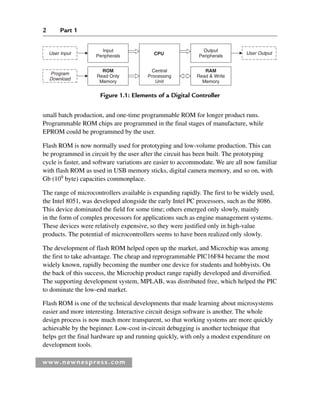 2 Part 1
www.newnespress.com
small batch production, and one-time programmable ROM for longer product runs.
Programmable ROM chips are programmed in the final stages of manufacture, while
EPROM could be programmed by the user.
Flash ROM is now normally used for prototyping and low-volume production. This can
be programmed in circuit by the user after the circuit has been built. The prototyping
cycle is faster, and software variations are easier to accommodate. We are all now familiar
with flash ROM as used in USB memory sticks, digital camera memory, and so on, with
Gb (109
byte) capacities commonplace.
The range of microcontrollers available is expanding rapidly. The first to be widely used,
the Intel 8051, was developed alongside the early Intel PC processors, such as the 8086.
This device dominated the field for some time; others emerged only slowly, mainly
in the form of complex processors for applications such as engine management systems.
These devices were relatively expensive, so they were justified only in high-value
products. The potential of microcontrollers seems to have been realized only slowly.
The development of flash ROM helped open up the market, and Microchip was among
the first to take advantage. The cheap and reprogrammable PIC16F84 became the most
widely known, rapidly becoming the number one device for students and hobbyists. On
the back of this success, the Microchip product range rapidly developed and diversified.
The supporting development system, MPLAB, was distributed free, which helped the PIC
to dominate the low-end market.
Flash ROM is one of the technical developments that made learning about microsystems
easier and more interesting. Interactive circuit design software is another. The whole
design process is now much more transparent, so that working systems are more quickly
achievable by the beginner. Low-cost in-circuit debugging is another technique that
helps get the final hardware up and running quickly, with only a modest expenditure on
development tools.
User Input User Output
Input
Peripherals
Output
Peripherals
RAM
Read & Write
Memory
CPU
Central
Processing
Unit
ROM
Read Only
Memory
Program
Download
Figure 1.1: Elements of a Digital Controller
Ch01-H8960.indd 2
Ch01-H8960.indd 2 6/10/2008 4:56:37 PM
6/10/2008 4:56:37 PM
 