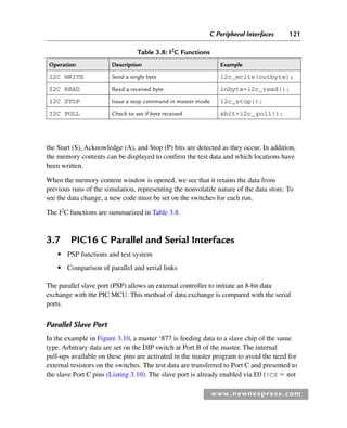 C Peripheral Interfaces 121
www.newnespress.com
the Start (S), Acknowledge (A), and Stop (P) bits are detected as they occur. In addition,
the memory contents can be displayed to confirm the test data and which locations have
been written.
When the memory content window is opened, we see that it retains the data from
previous runs of the simulation, representing the nonvolatile nature of the data store. To
see the data change, a new code must be set on the switches for each run.
The I2
C functions are summarized in Table 3.8.
3.7 PIC16 C Parallel and Serial Interfaces
● PSP functions and test system
● Comparison of parallel and serial links
The parallel slave port (PSP) allows an external controller to initiate an 8-bit data
exchange with the PIC MCU. This method of data exchange is compared with the serial
ports.
Parallel Slave Port
In the example in Figure 3.10, a master ‘877 is feeding data to a slave chip of the same
type. Arbitrary data are set on the DIP switch at Port B of the master. The internal
pull-ups available on these pins are activated in the master program to avoid the need for
external resistors on the switches. The test data are transferred to Port C and presented to
the slave Port C pins (Listing 3.10). The slave port is already enabled via E0 (!CS  not
Table 3.8: I2
C Functions
Operation Description Example
I2C WRITE Send a single byte i2c_write(outbyte);
I2C READ Read a received byte inbyte=i2c_read();
I2C STOP Issue a stop command in master mode i2c_stop();
I2C POLL Check to see if byte received sbit=i2c_ poll();
Ch03-H8960.indd 121
Ch03-H8960.indd 121 6/10/2008 5:07:28 PM
6/10/2008 5:07:28 PM
 