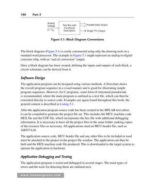 180 Part 5
www.newnespress.com
The block diagram (Figure 5.1) is easily constructed using only the drawing tools in a
standard word processor. The example in Figure 5.1 might represent an analog-to-digital
converter chip, with an “end of conversion” output.
Once a block diagram has been created, defining the inputs and outputs of each block, a
circuit schematic can be derived from it.
Software Design
The application program can be designed using various methods. A flowchart shows
the overall program sequence in a visual manner and is good for illustrating simple
program sequences. However, for C programs, some form of structured pseudocode
is recommended, where the main program is outlined as a text file, which can then be
converted directly to source code. Examples are again found throughout this book; the
general content is described in Listing 5.1.
After the application program source code has been created in the MPLAB text editor,
it can be compiled to generate the project file set. This includes the MCU machine code
HEX file and the COF file, which incorporates the hex file with additional debugging
information. It is necessary to have all the project files in the same folder, making copies
of the resource files as necessary. All applications need an MCU header file, such as
16F877A.H.
The application source code, MCU header file and any other files to be included or used
must be attached to the project in the project file window. The application can then be
built and the HEX machine code file produced. This is downloaded to the target system to
operate the application in hardware.
Application Debugging and Testing
The application program is tested and debugged in several stages. The main types of
errors and the tools for detecting them are outlined next.
Text Box with
Functional
Description
Analog
Voltage Parallel Data Output
Single TTL Output
0 – Vm
Figure 5.1: Block Diagram Conventions
Ch05-H8960.indd 180
Ch05-H8960.indd 180 6/9/2008 10:13:57 PM
6/9/2008 10:13:57 PM
 