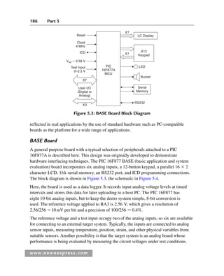 186 Part 5
www.newnespress.com
reflected in real applications by the use of standard hardware such as PC-compatible
boards as the platform for a wide range of applications.
BASE Board
A general purpose board with a typical selection of peripherals attached to a PIC
16F877A is described here. This design was originally developed to demonstrate
hardware interfacing techniques. The PIC 16F877 BASE (basic application and system
evaluation) board incorporates six analog inputs, a 12-button keypad, a parallel 16 ⫻ 2
character LCD, 16k serial memory, an RS232 port, and ICD programming connections.
The block diagram is shown in Figure 5.3, the schematic in Figure 5.4.
Here, the board is used as a data logger. It records input analog voltage levels at timed
intervals and stores this data for later uploading to a host PC. The PIC 16F877 has
eight 10-bit analog inputs, but to keep the demo system simple, 8-bit conversion is
used. The reference voltage applied to RA3 is 2.56 V, which gives a resolution of
2.56/256 ⫽10mV per bit and a precision of 100/256  0.4%.
The reference voltage and a test input occupy two of the analog inputs, so six are available
for connecting to an external target system. Typically, the inputs are connected to analog
sensor inputs, measuring temperature, position, strain, and other physical variables from
suitable sensors. Another possibility is that the target system is an analog board whose
performance is being evaluated by measuring the circuit voltages under test conditions.
PIC
16F877A
MCU
X7
X7
X7
User I/O
(Digital or
Analog)
Serial
Memory
X12
Keypad
LC Display
X3
Reset
Clock
4 MHz
Test Input
0–2.5 V
LED
Buzzer
RS232
ICD
Vref ⫽ 2.56 V
Figure 5.3: BASE Board Block Diagram
Ch05-H8960.indd 186
Ch05-H8960.indd 186 6/9/2008 10:13:58 PM
6/9/2008 10:13:58 PM
 