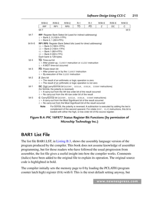 Software Design Using CCS C 215
www.newnespress.com
BAR1 List File
The list file BAR1.LST, in Listing B.3, shows the assembly language version of the
program produced by the compiler. This book does not assume knowledge of assembler
programming, but for those readers who have followed the usual progression from
assembler, the list file gives a useful insight into how the compiler works. Comments
(italics) have been added to the original file to explain its operation. The original source
code is highlighted in bold.
The compiler initially sets the memory page to 0 by loading the PCLATH (program
counter latch high) register (0A) with 0. This is the reset default setting anyway, but
IRP
bit 7 bit 0
RP1 RP0 TO PD Z DC C
R/W-X
R/W-X
R/W-X
R/W-0
R/W-0
R/W-0 R-1
R-1
bit 7
bit 6–5
bit 4
bit 3
bit 2
bit 1
bit 0
IRP: Register Bank Select bit (used for indirect addressing)
1 ⫽ Bank 2, 3 (100h-1FFh)
0 ⫽ Bank 0, 1 (00h-FFh)
RP1:RP0: Register Bank Select bits (used for direct addressing)
11 ⫽ Bank 3 (180h-1FFh)
10 ⫽ Bank 2 (100h-17Fh)
01 ⫽ Bank 1 (80h-FFh)
00 ⫽ Bank 0 (00h-7Fh)
Each bank is 128 bytes.
TO: Time-out bit
1 ⫽ After power-up, CLRWDT instruction or SLEEP instruction
0 ⫽ A WDT time-out occurred
PD: Power-down bit
1 ⫽ After power-up or by the CLRWDT instruction
0 ⫽ By execution of the SLEEP instruction
Z: Zero bit
1 ⫽ The result of an arithmetic or logic operation is zero
0 ⫽ The result of an arithmetic or logic operation is not zero
DC: Digit carry/borrow bit (ADDWF, ADDLW, SUBLW, SUBWF instructions)
(for borrow, the polarity is reversed)
1 ⫽ A carry-out from the 4th low order bit of the result occurred
0 ⫽ No carry-out from the 4th low order bit of the result
C: Carry/borrow bit (ADDWF, ADDLW, SUBLW, SUBWF instructions)
1 ⫽ A carry-out from the Most Significant bit of the result occurred
0 ⫽ No carry-out from the Most Significant bit of the result occurred
Note: For borrow, the polarity is reversed. A subtraction is executed by adding the two’s
complement of the second operand. For rotate (RRF, RLF) instructions, this bit is
loaded with either the high, or low order bit of the source register.
Figure B.4: PIC 16F877 Status Register Bit Functions (by permission of
Microchip Technology Inc.)
App 2-H8960.indd 215
App 2-H8960.indd 215 6/10/2008 9:27:56 AM
6/10/2008 9:27:56 AM
 