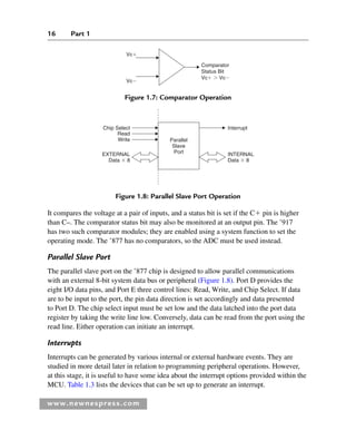 16 Part 1
www.newnespress.com
It compares the voltage at a pair of inputs, and a status bit is set if the C⫹ pin is higher
than C–. The comparator status bit may also be monitored at an output pin. The ’917
has two such comparator modules; they are enabled using a system function to set the
operating mode. The ’877 has no comparators, so the ADC must be used instead.
Parallel Slave Port
The parallel slave port on the ’877 chip is designed to allow parallel communications
with an external 8-bit system data bus or peripheral (Figure 1.8). Port D provides the
eight I/O data pins, and Port E three control lines: Read, Write, and Chip Select. If data
are to be input to the port, the pin data direction is set accordingly and data presented
to Port D. The chip select input must be set low and the data latched into the port data
register by taking the write line low. Conversely, data can be read from the port using the
read line. Either operation can initiate an interrupt.
Interrupts
Interrupts can be generated by various internal or external hardware events. They are
studied in more detail later in relation to programming peripheral operations. However,
at this stage, it is useful to have some idea about the interrupt options provided within the
MCU. Table 1.3 lists the devices that can be set up to generate an interrupt.
Comparator
Status Bit
Vc⫹ ⬎ Vc⫺
Vc⫹
Vc⫺
Figure 1.7: Comparator Operation
Interrupt
INTERNAL
Data ⫻ 8
EXTERNAL
Data ⫻ 8
Chip Select
Read
Write Parallel
Slave
Port
Figure 1.8: Parallel Slave Port Operation
Ch01-H8960.indd 16
Ch01-H8960.indd 16 6/10/2008 4:56:57 PM
6/10/2008 4:56:57 PM
 