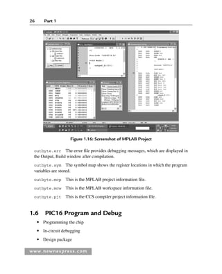 26 Part 1
www.newnespress.com
outbyte.err The error file provides debugging messages, which are displayed in
the Output, Build window after compilation.
outbyte.sym The symbol map shows the register locations in which the program
variables are stored.
outbyte.mcp This is the MPLAB project information file.
outbyte.mcw This is the MPLAB workspace information file.
outbyte.pjt This is the CCS compiler project information file.
1.6 PIC16 Program and Debug
● Programming the chip
● In-circuit debugging
● Design package
Figure 1.16: Screenshot of MPLAB Project
Ch01-H8960.indd 26
Ch01-H8960.indd 26 6/10/2008 4:57:04 PM
6/10/2008 4:57:04 PM
 